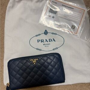 Authentic Navy Quilted Leather Prada Zipper Wallet with COA & Dust Bag